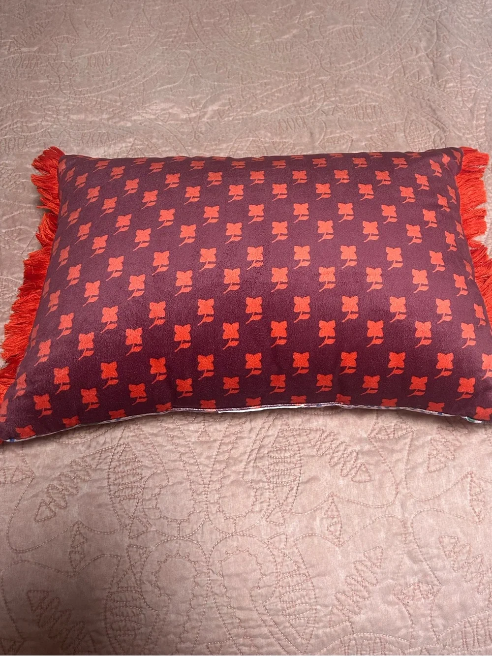 Colorful Patterned Throw Pillow with Red Fringe